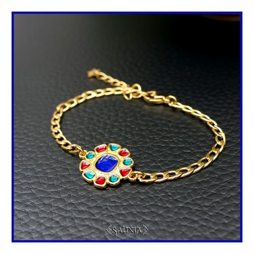 Bracelet intercalaire fleur effet vitrail chaine et mousqueton acier inoxydable doré or fin 24 carats (#bc427)