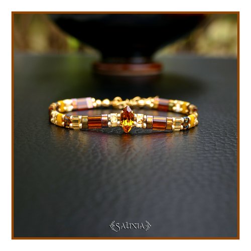 Bracelet tila navette cristal topaze mousqueton et chainette acier inoxydable doré (#bc429.a)