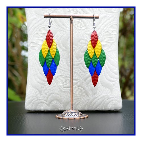 Boucles d'oreilles perroquet petites plumes colorées crochets acier inoxydable (#bo933)