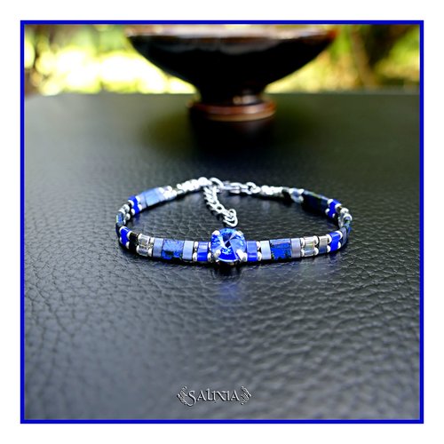 Bracelet tila cabochon cristal bleu saphir mousqueton et chainette acier inoxydable (#bc445)