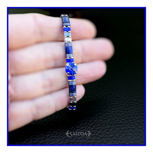 Bracelet tila cabochon cristal bleu saphir mousqueton et chainette acier inoxydable (#bc445)
