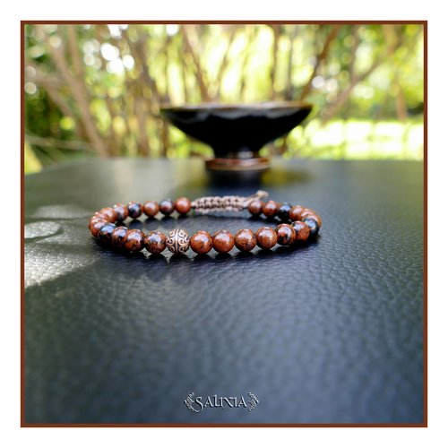 Bracelet pierres fines d'obsidienne acajou perle ethnique cuivre patiné antique (#bc466)