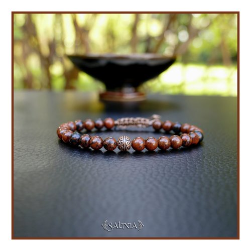 Bracelet pierres fines d'obsidienne acajou perle ethnique cuivre patiné antique (#bc466.a)
