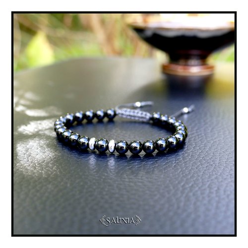 Bracelet pierres fines d'agates noires perles heishi acier inoxydable (#bc469.a)