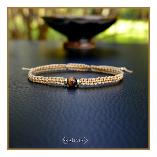 Bracelet pierre fine d'oeil de tigre perles heishi acier inoxydable tissage macramé (#bc470)