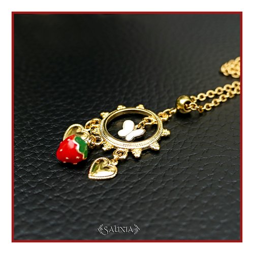 Collier pendentif  "coeur de fraise" chaine et mousqueton acier inoxydable doré or fin 24 carats (#c362)