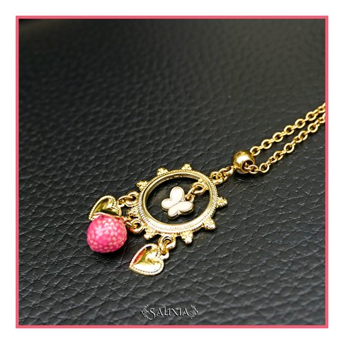 Collier pendentif  "coeur de litchi" chaine et mousqueton acier inoxydable doré or fin 24 carats (#c363)