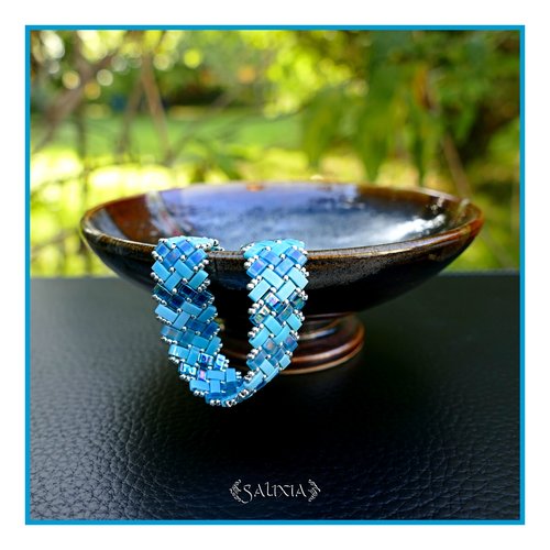 Bracelet tissé à l'aiguille perles tila 4 rangs en dégradé de bleu teal mousqueton acier inoxydable (#bc448)