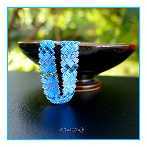 Bracelet tissé à l'aiguille perles tila 4 rangs en dégradé de bleu turquoise mousqueton acier inoxydable (#bc449)