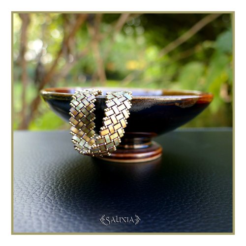 Bracelet tissé à l'aiguille perles tila 4 rangs khaki mat effet métallisé mousqueton acier inoxydable doré or fin 24 carats (#bc455)