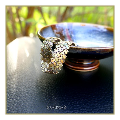 Bracelet tissé à l'aiguille perles tila 4 rangs khaki mat effet métallisé mousqueton acier inoxydable doré or fin 24 carats (#bc455)