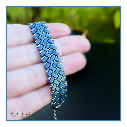 Bracelet tissé à l'aiguille perles tila 4 rangs bleu mat effet métallisé mousqueton acier inoxydable (#bc457)