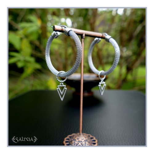 Boucles d'oreilles pendentif ethnique plaqué argent fin créoles résille acier inoxydable (#bo943)