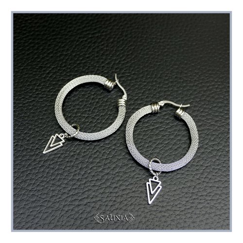Boucles d'oreilles pendentif ethnique plaqué argent fin créoles résille acier inoxydable (#bo943)
