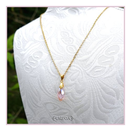 Collier goutte en cristal rose chaine acier inoxydable doré or fin 24 carats (#c375)