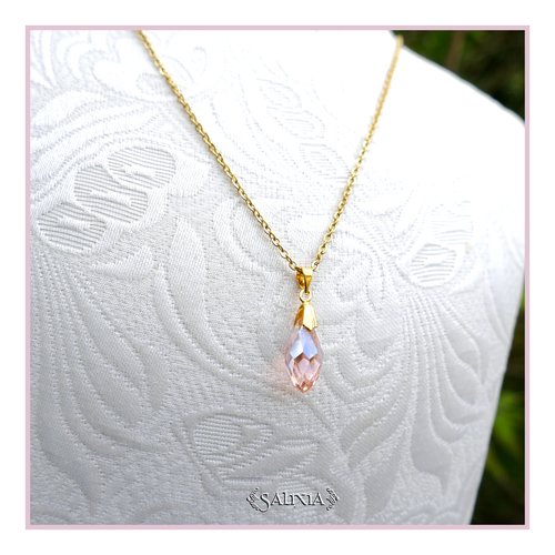 Collier goutte en cristal rose chaine acier inoxydable doré or fin 24 carats (#c375)