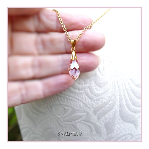 Collier goutte en cristal rose chaine acier inoxydable doré or fin 24 carats (#c375)