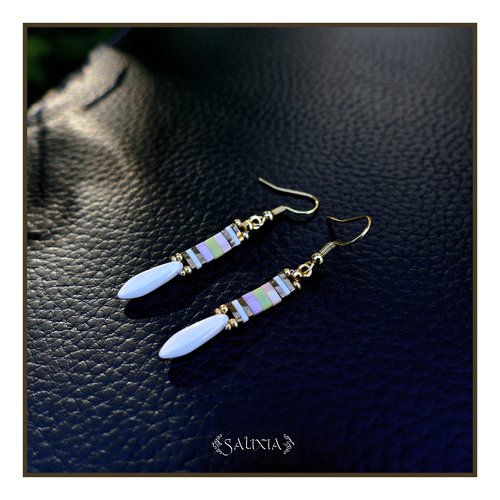 Boucles d'oreilles tissées perles japonaises tila gouttes de bohème blanches crochets acier inoxydable doré (#bo946)