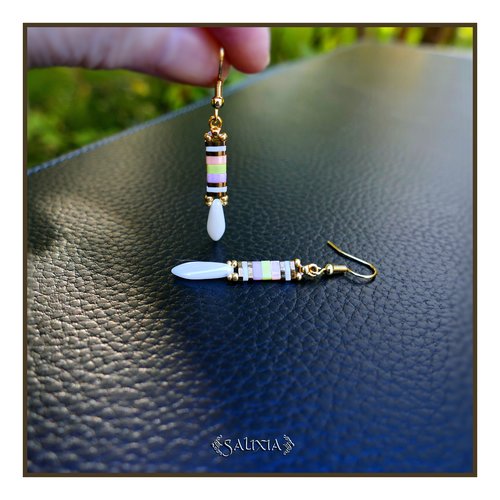 Boucles d'oreilles tissées perles japonaises tila gouttes de bohème blanches crochets acier inoxydable doré (#bo946)