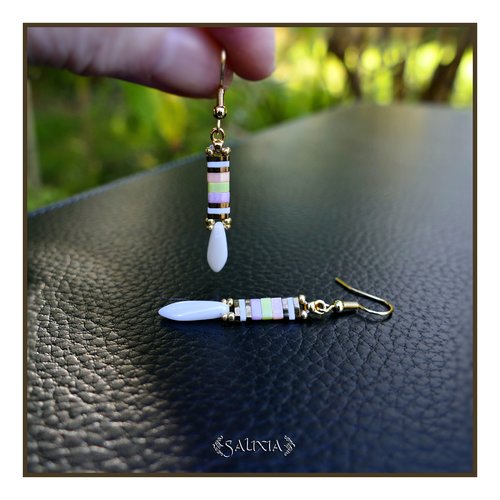 Boucles d'oreilles tissées perles japonaises tila gouttes de bohème blanches crochets acier inoxydable doré (#bo946)