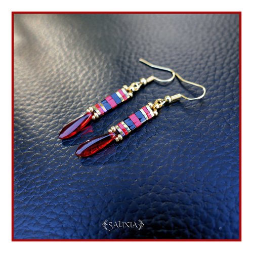 Boucles d'oreilles tissées perles japonaises tila gouttes de bohème rouges crochets acier inoxydable doré (#bo947)