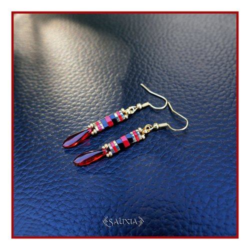 Boucles d'oreilles tissées perles japonaises tila gouttes de bohème rouges crochets acier inoxydable doré (#bo947)