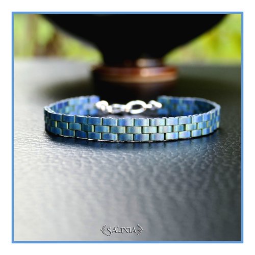 Bracelet tissé à l'aiguille perles tila mat bleu vert patiné antique métallisé mousqueton acier inoxydable (#bc459)