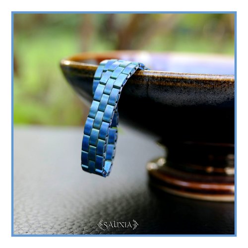 Bracelet tissé à l'aiguille perles tila mat bleu vert patiné antique métallisé mousqueton acier inoxydable (#bc459)