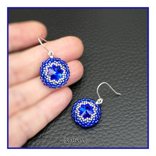 Boucles d'oreilles cabochons cristal bleu intense crochets torsadé argent 925 (#bo938)