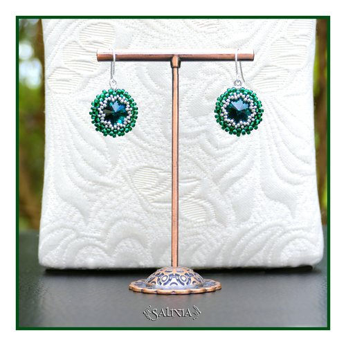 Boucles d'oreilles cabochons cristal vert émeraude crochets torsadé argent 925 (#bo939)