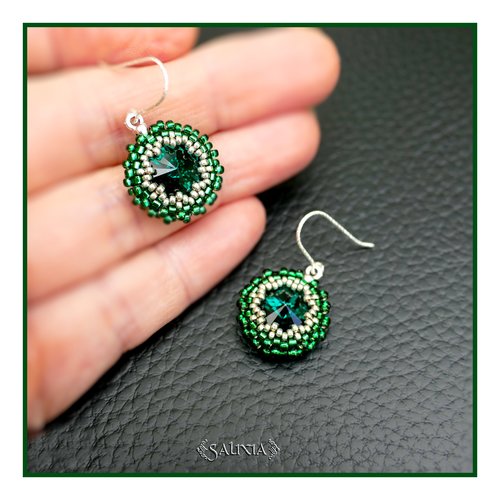 Boucles d'oreilles cabochons cristal vert émeraude crochets torsadé argent 925 (#bo939)