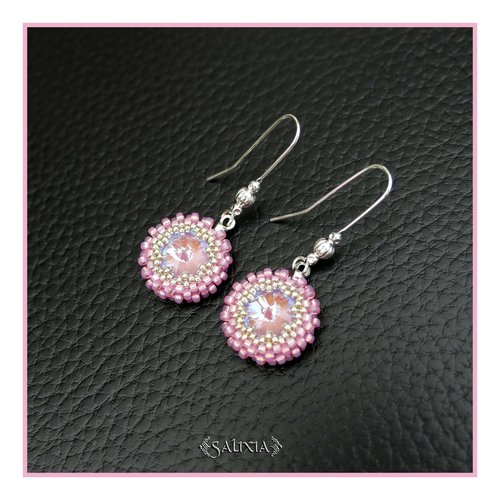 Boucles d'oreilles cabochons cristal rose aux reflets bleus crochets bohème long plaqué argent 999 (#bo942)