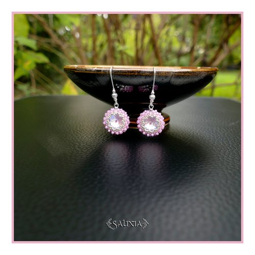 Boucles d'oreilles cabochons cristal rose aux reflets bleus crochets bohème long plaqué argent 999 (#bo942)