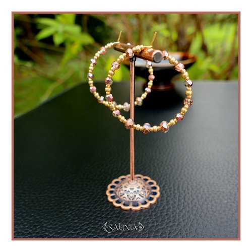 Boucles d'oreilles créoles perles cuivre rosé gold rocailles japonaises dorées acier inoxydable doré 18 carats (#bo948)