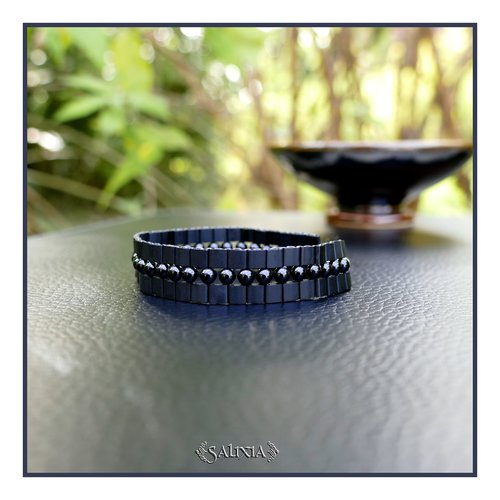 Bracelet tissé à l'aiguille perles agate noires perles tila noir mat mousqueton acier inoxydable (#bc474)