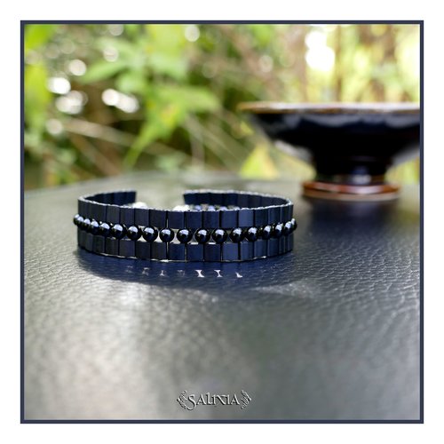 Bracelet tissé à l'aiguille perles agate noires perles tila noir mat mousqueton acier inoxydable (#bc474)
