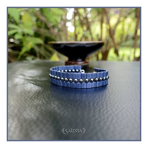 Bracelet tissé à l'aiguille perles hématite noires perles tila gunmétal mat mousqueton acier inoxydable (#bc475)