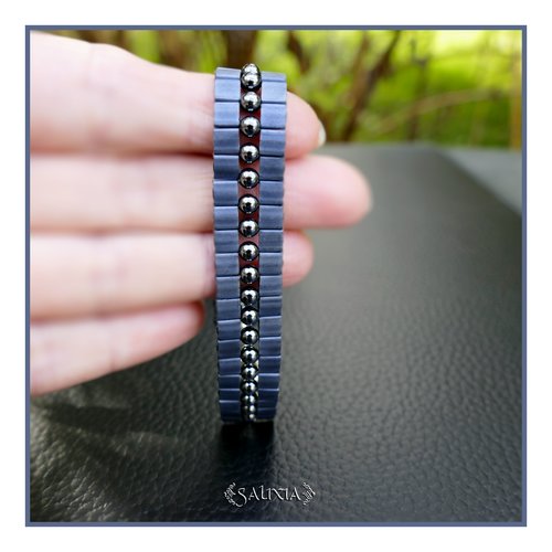 Bracelet tissé à l'aiguille perles hématite noires perles tila gunmétal mat mousqueton acier inoxydable (#bc475)
