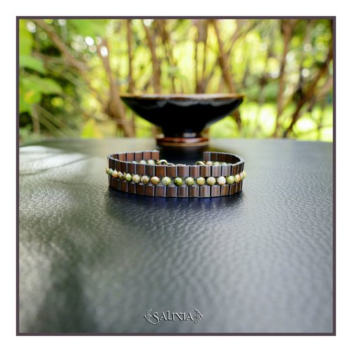 Bracelet tissé à l'aiguille perles unakite perles tila bordeaux lie de vin mat mousqueton bronze (#bc477)