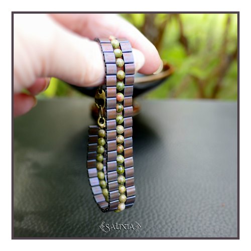 Bracelet tissé à l'aiguille perles unakite perles tila bordeaux lie de vin mat mousqueton bronze (#bc477)