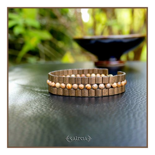 Bracelet tissé à l'aiguille perles jaspe paysage perles tila bronze mat mousqueton bronze (#bc478)