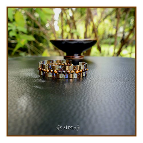 Bracelet tissé à l'aiguille perles oeil de tigre perles tila bronze et topaze mousqueton acier inoxydable doré (#bc479)