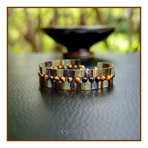 Bracelet tissé à l'aiguille perles oeil de tigre perles tila bronze et topaze mousqueton acier inoxydable doré (#bc479)