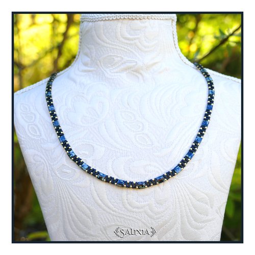 Collier alya perles japonaises tila noires marbrées beige mousqueton acier inoxydable doré or fin 24 carats (#c376)