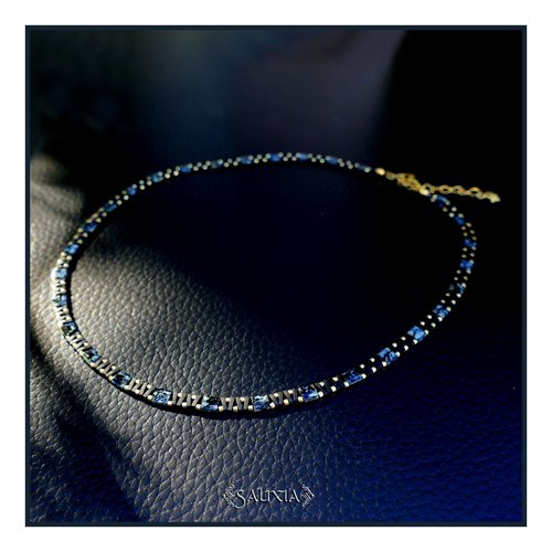 Collier alya perles japonaises tila noires marbrées beige mousqueton acier inoxydable doré or fin 24 carats (#c376)