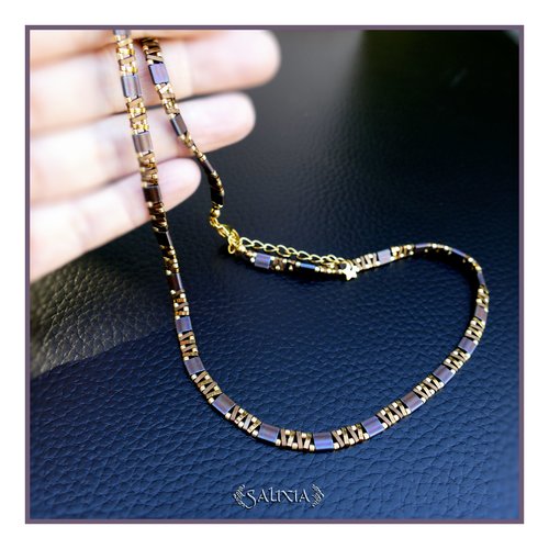 Collier alya perles japonaises tila bordeaux mat patiné antique mousqueton acier inoxydable doré or fin 24 carats (#c377)