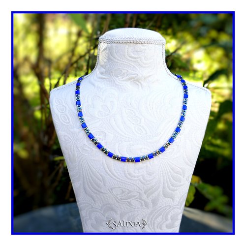 Collier alya perles japonaises bleu cobalt mousqueton acier inoxydable doré or fin 24 carats (#c379)