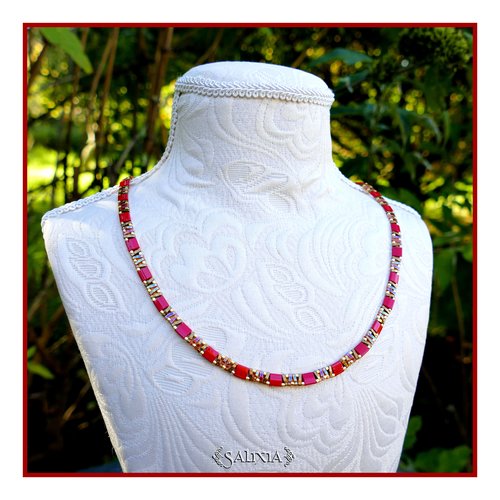 Collier alya perles japonaises rouge mousqueton acier inoxydable doré or fin 24 carats (#c380)
