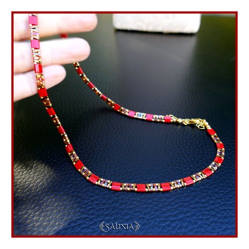 Collier alya perles japonaises rouge mousqueton acier inoxydable doré or fin 24 carats (#c380)