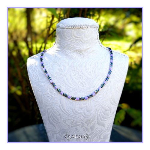 Collier alya perles japonaises violet parme mousqueton acier inoxydable doré or fin 24 carats (#c381)